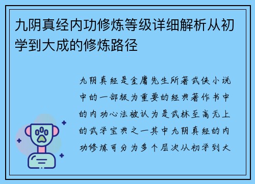 九阴真经内功修炼等级详细解析从初学到大成的修炼路径