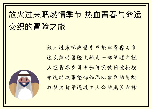 放火过来吧燃情季节 热血青春与命运交织的冒险之旅
